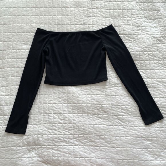 CIDER Off Shoulder Long Sleeve Ribbed Knit Black Top with Flared Sleeve Size M - Picture 2 of 10